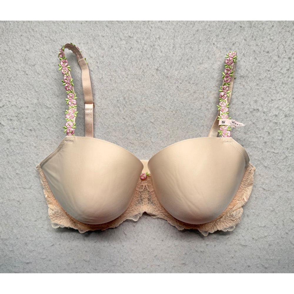 Victorias Secret Dream Angels Lightly Lined Demi Bra 36DDD Floral Strap Peach